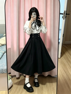 Cute White Jirai Kei School Girl Lolita Dress Long Sleeve Midi Skirt Set