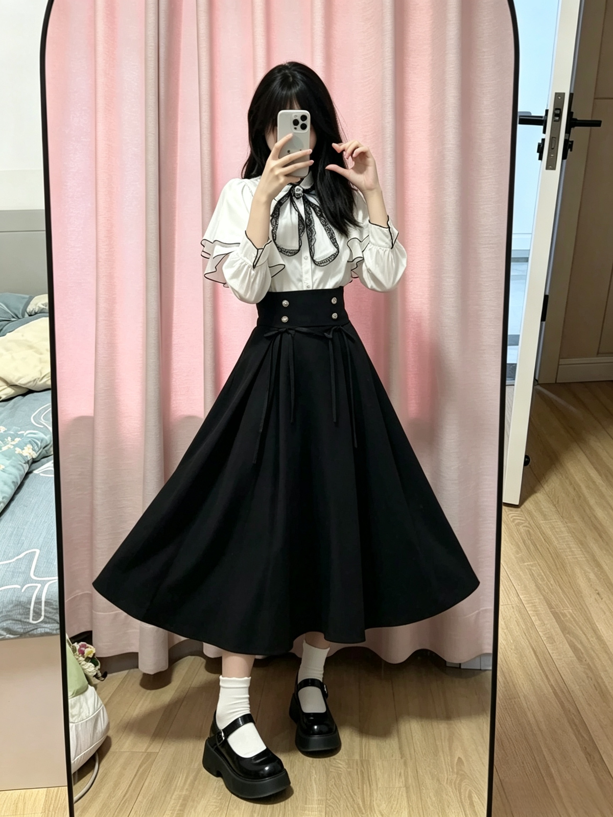 Cute White Jirai Kei School Girl Lolita Dress Long Sleeve Midi Skirt Set