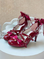 Wine Red Strawberry Embroidered 9cm Heels with Bow - Cheese Mango | CoyBunny