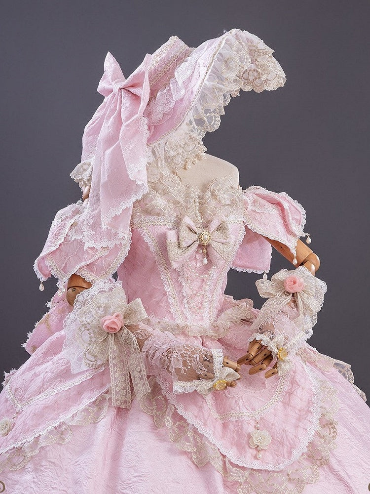 Pink Off-Shoulder Lolita Lace Gown with Ruffles and Bows - Hinana Queena | CoyBunny