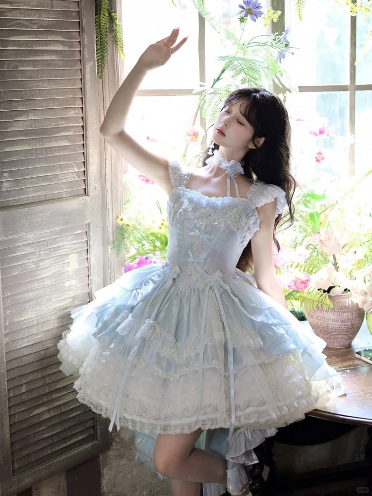 Hime Basque Flower Lace Layered Fluffy Lolita Dress Blooming with Blue Accents Waist | Sheer Ocean | CoyBunny