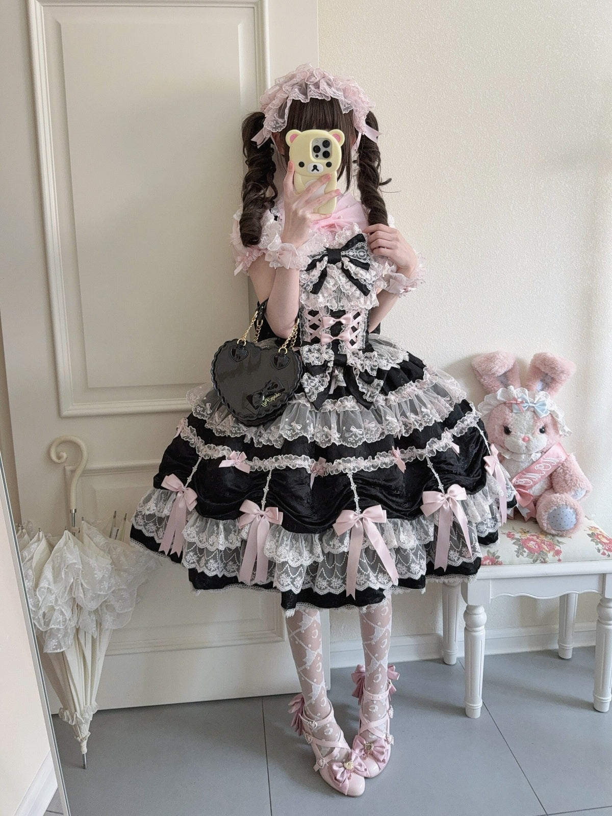 Black & Pink Doll JSK Lolita Dress with Back Bow & Headband