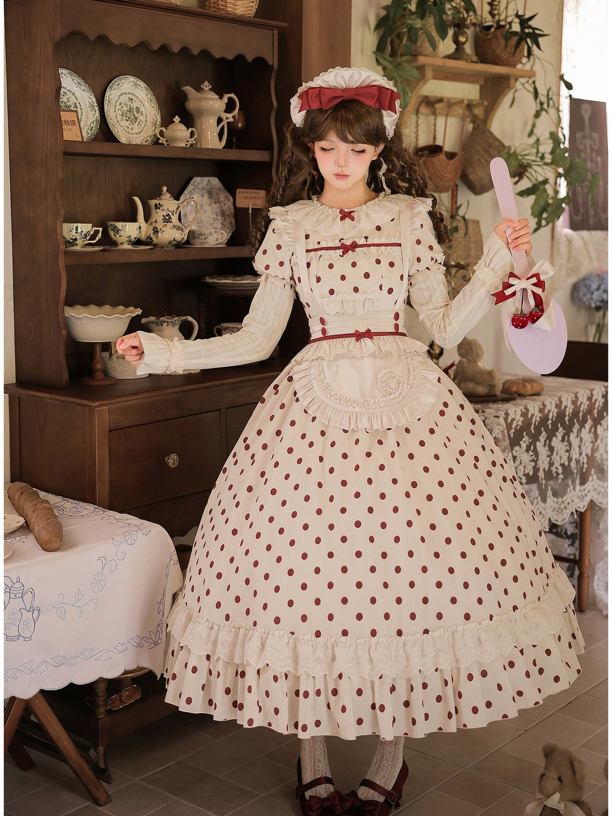 Long Doll Lolita Cotton Print OP Set with Apron & BNT