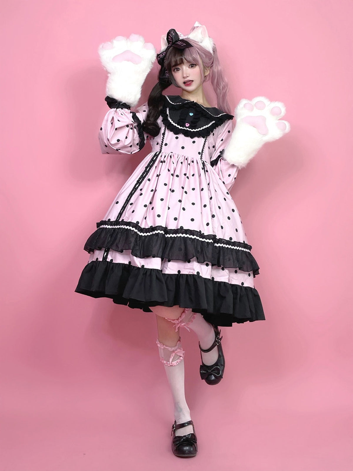Black & Pink Polka Dot Sweet Lolita OP Long Sleeve Dress