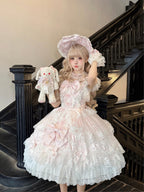 Pink Light Wedding Lolita JSK Dress with Hat & Necklace