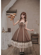 Coffee Print Lolita JSK Dress with Adjustable Straps & Ruffle Hem