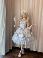 Blue & White Lolita JSK Dress with Train & Headband Set