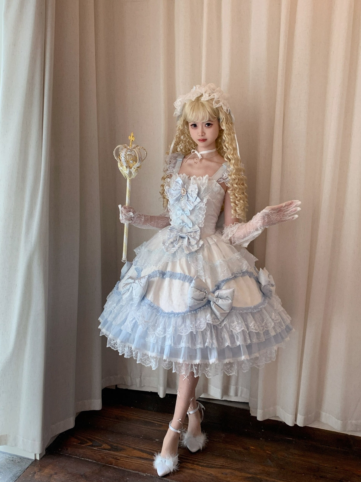 Blue & White Lolita JSK Dress with Train & Headband Set