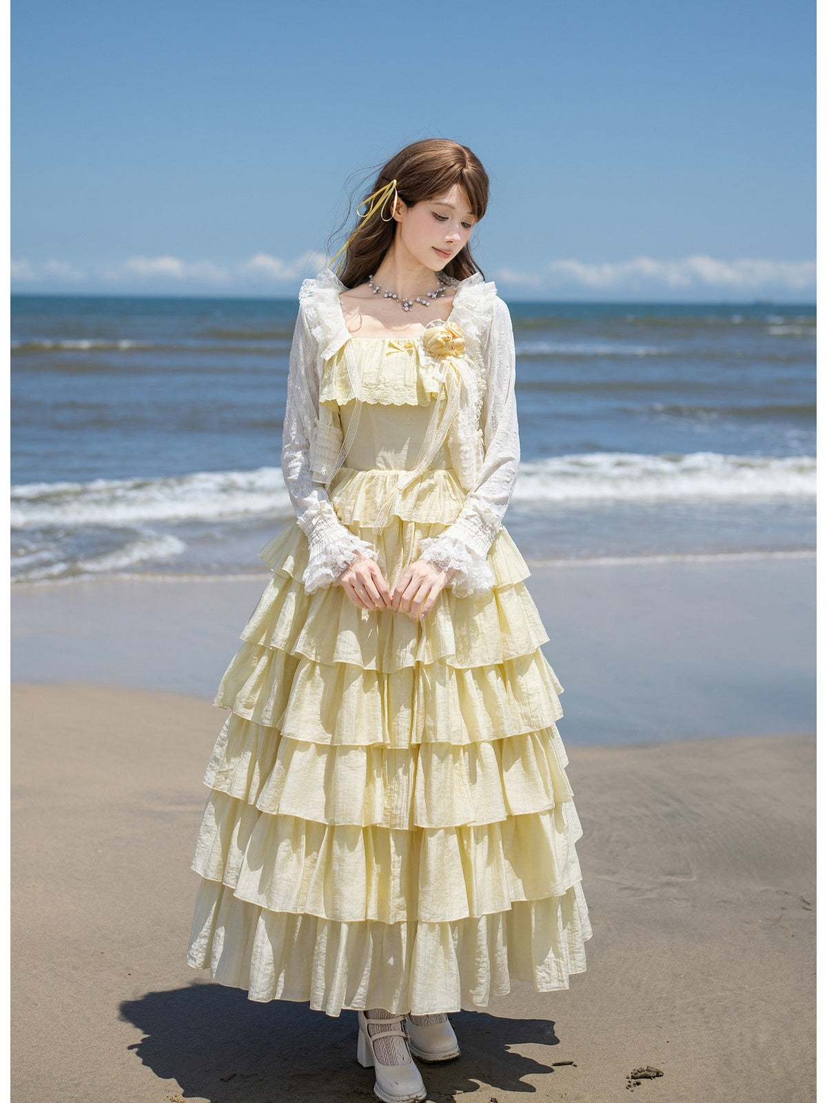Yellow Square Neck Lolita Dress Set with Seven-Tier Ruffles