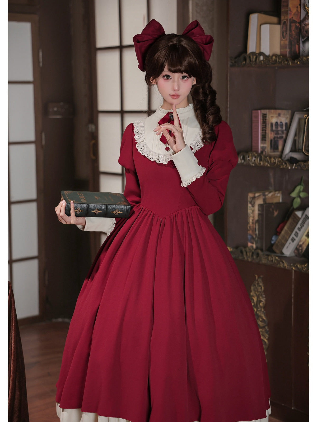 Red Elegant Maid Lolita OP Set with Apron, Necktie & Headband