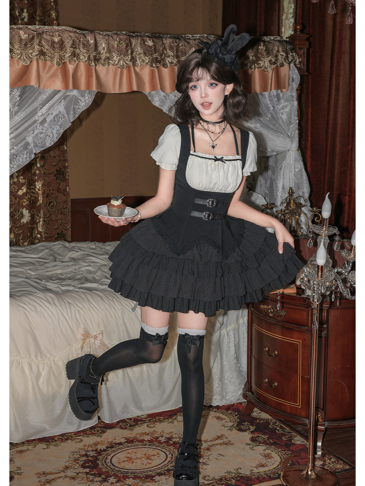 Black Square Neck Halter Lolita OP Set with Necklace & Bunny Hat
