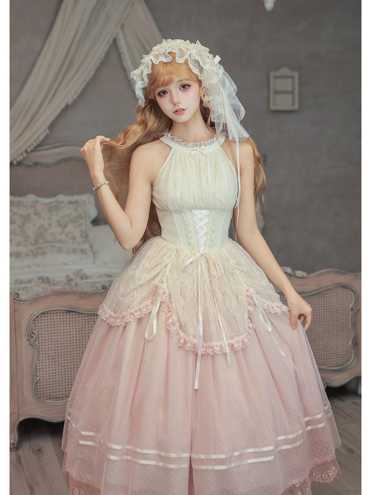 Pink Classic Lolita Halter Long JSK with Waist Boning