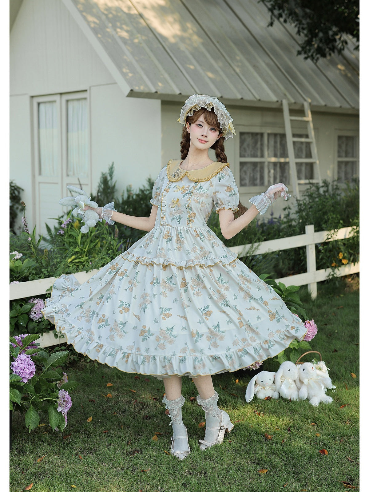 Yellow Country Lolita Floral Print OP with Matching Flat Hat