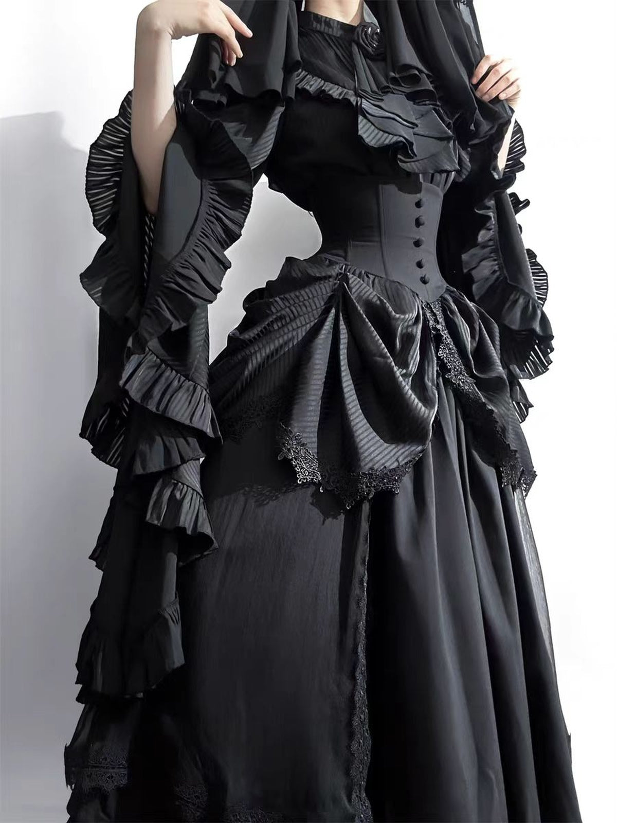 Gothic Black Lolita Skirt Set: Dark Hime Sleeve Blouse & Corset