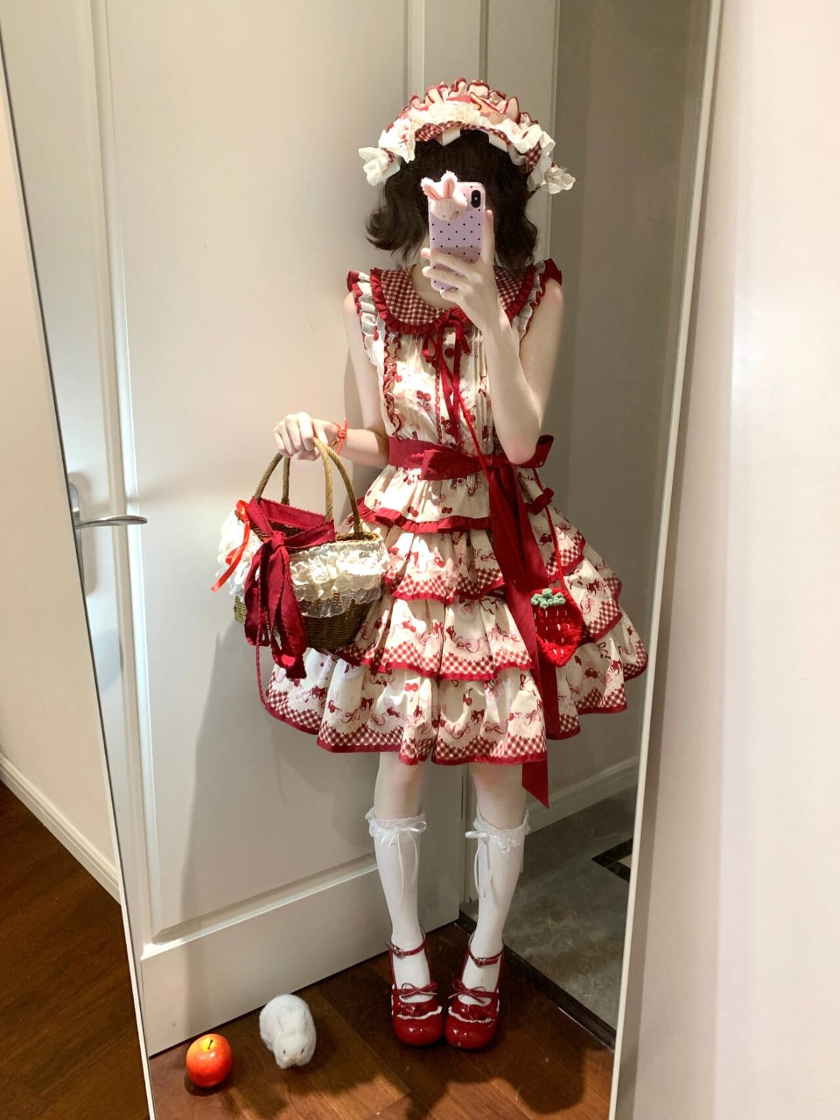 Sweet Cherry Lolita Tiered Dress Set with Bonnet