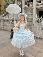 Blue Light Wedding Lolita JSK Dress with BNT Hat & Back Bow