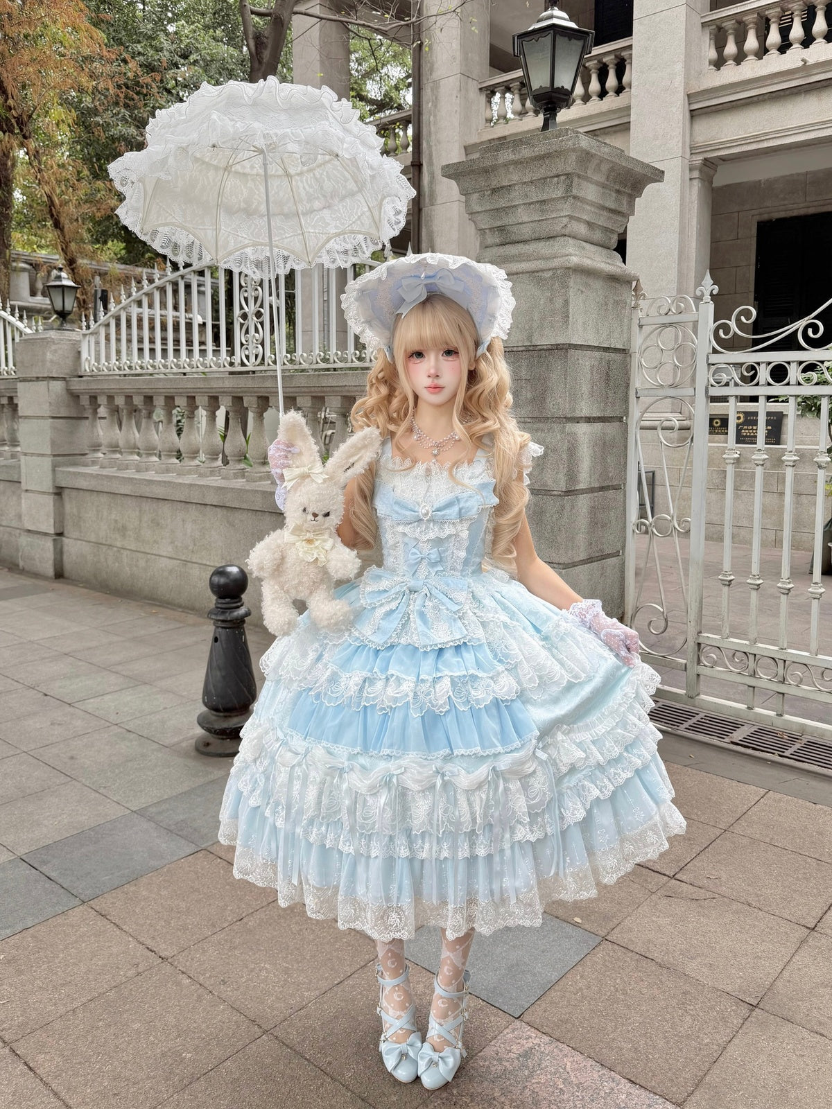 Blue Light Wedding Lolita JSK Dress with BNT Hat & Back Bow