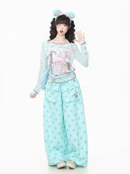 Cyan Breathable Mesh Long Sleeve Sun Protection Tee with Cartoon - Languid Park | CoyBunny