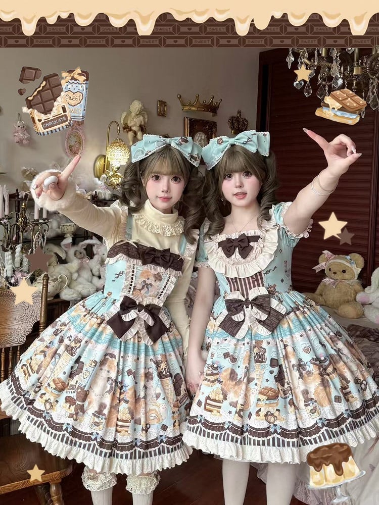 Mint Green Sweet Lolita JSK Dress with Kitty & Chocolate Print - Poetry of Dolls | CoyBunny