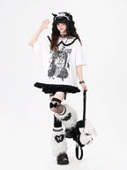 Anime Girl Print White Peter Pan Collar Short Sleeve T-Shirt with Ruffle Hem - CRAZY GIRL | CoyBunny