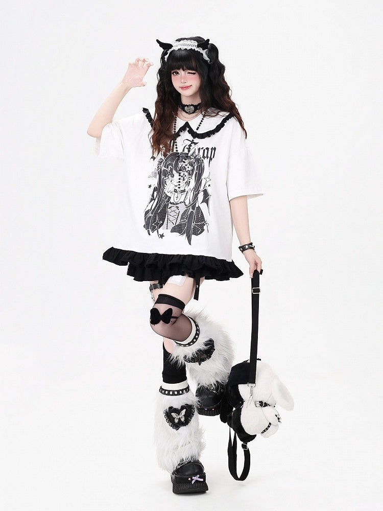 Anime Girl Print White Peter Pan Collar Short Sleeve T-Shirt with Ruffle Hem - CRAZY GIRL | CoyBunny