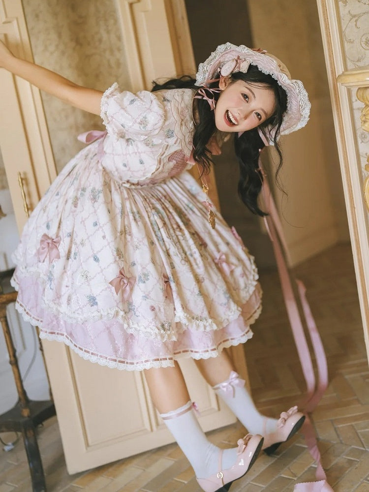 Sweet Lolita OP Dress Set with Puff Sleeves, Bear Print and Floral Embroidery - Treasure House | CoyBunny