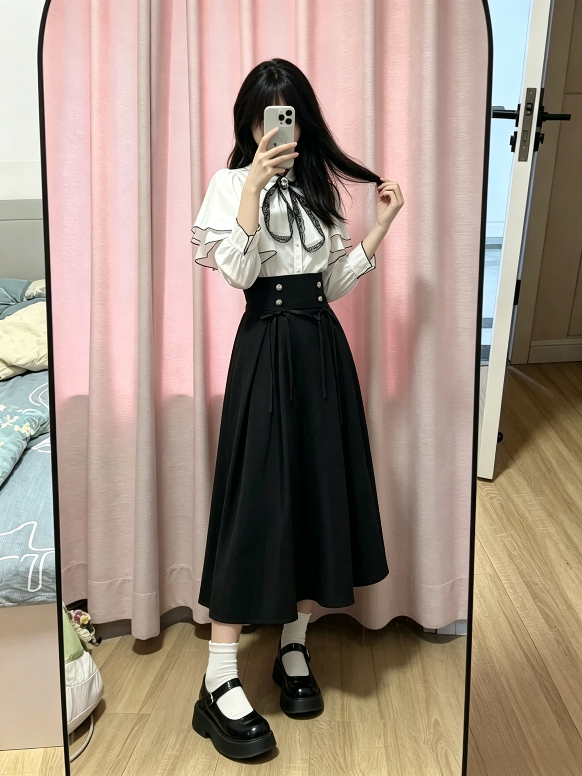 Cute White Jirai Kei School Girl Lolita Dress Long Sleeve Midi Skirt Set