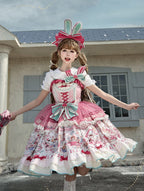 Pink & Green Alice Cat Vibes Sweet Lolita Jumper Skirt with Polka-dot Apron - Mewroco | CoyBunny