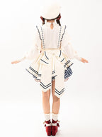 White Long-Sleeve Knitted Top Apron Blue Plaid Print Bloomer Shorts Sweet Lolita Full Set | CoyBunny