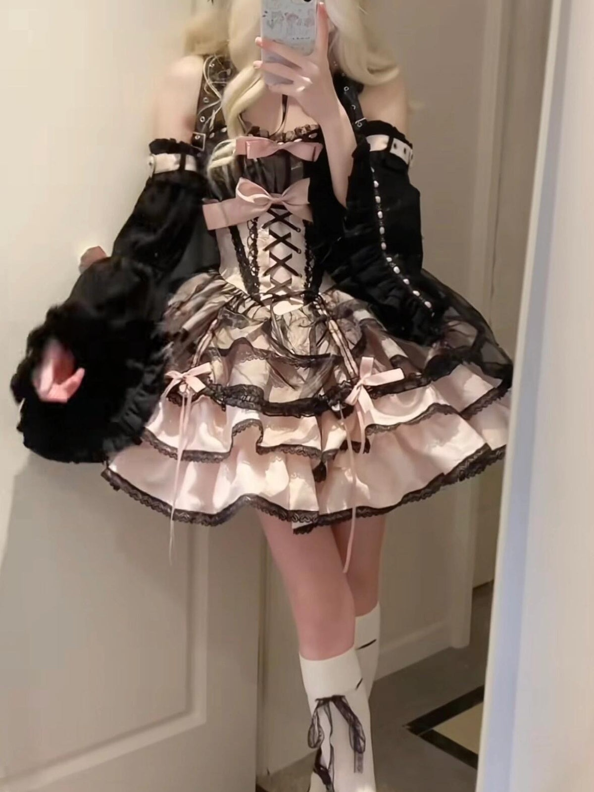 Black & Pink Gothic Lolita JSK Dress: Princess Ballet Gown Set