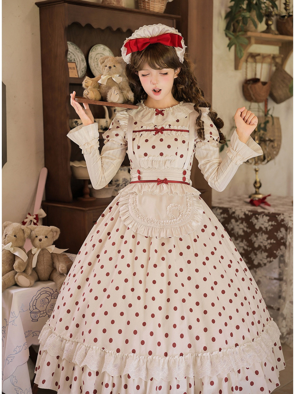 Long Doll Lolita Cotton Print OP Set with Apron & BNT