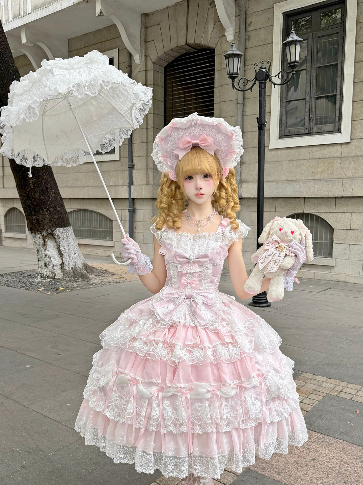 Pink Light Wedding Lolita JSK Dress with BNT Hat & Back Bow