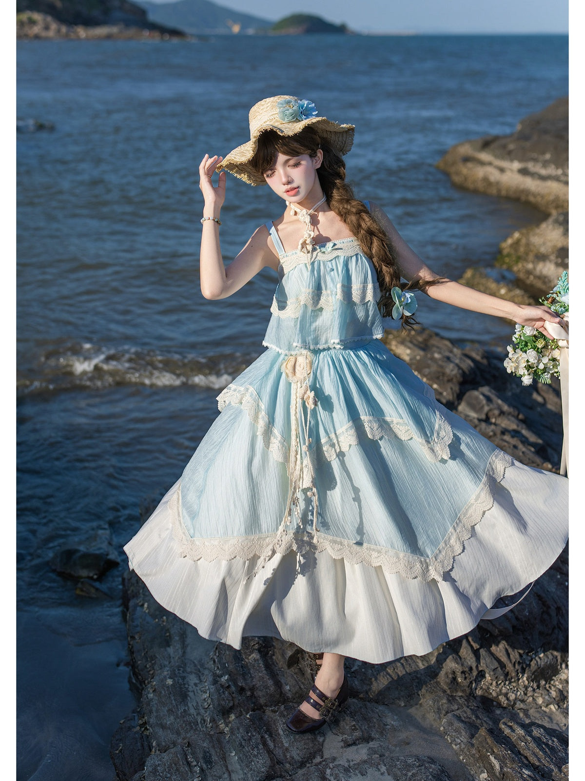 Blue Green Lolita Camisole Top & Asymmetrical Skirt Set