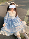 Blue & White Polka Dot Sweet Lolita OP Long Sleeve Dress