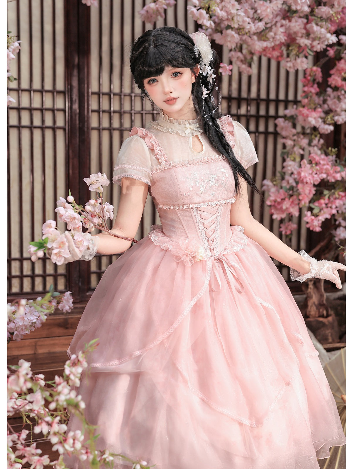 Pink Chinese Style Lolita Petal Hem Print OP with Lift-Up Skirt