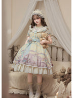 Pale Yellow Doll Lolita Bear Print OP Set with Bonus Accessories