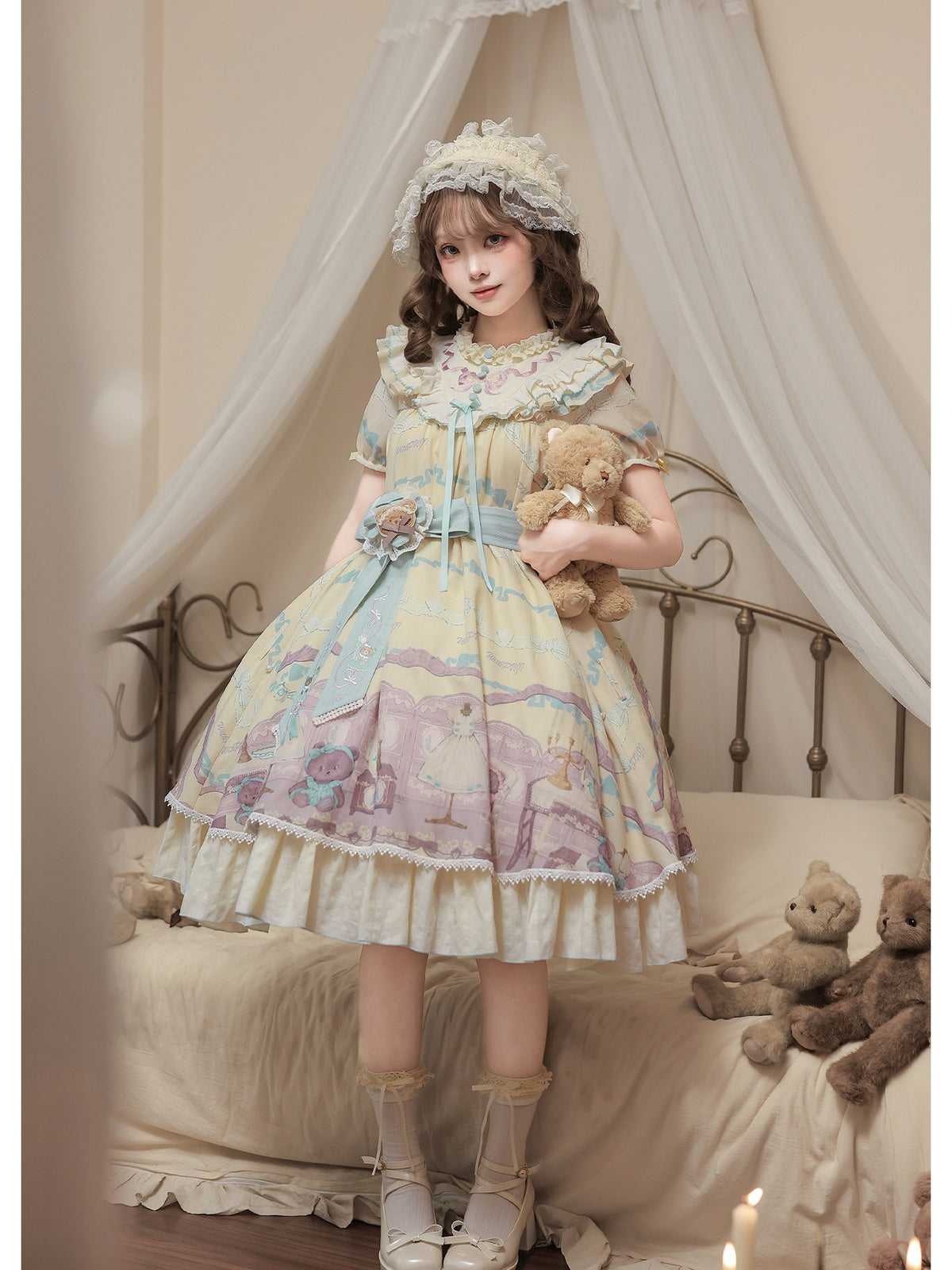 Pale Yellow Doll Lolita Bear Print OP Set with Bonus Accessories