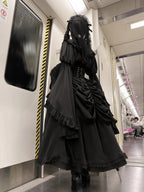 Gothic Black Lolita Skirt Set: Dark Hime Sleeve Blouse & Corset