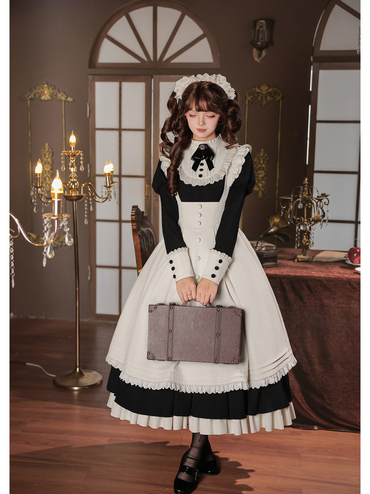 Black Elegant Maid Lolita OP Set with Apron, Necktie & Headband