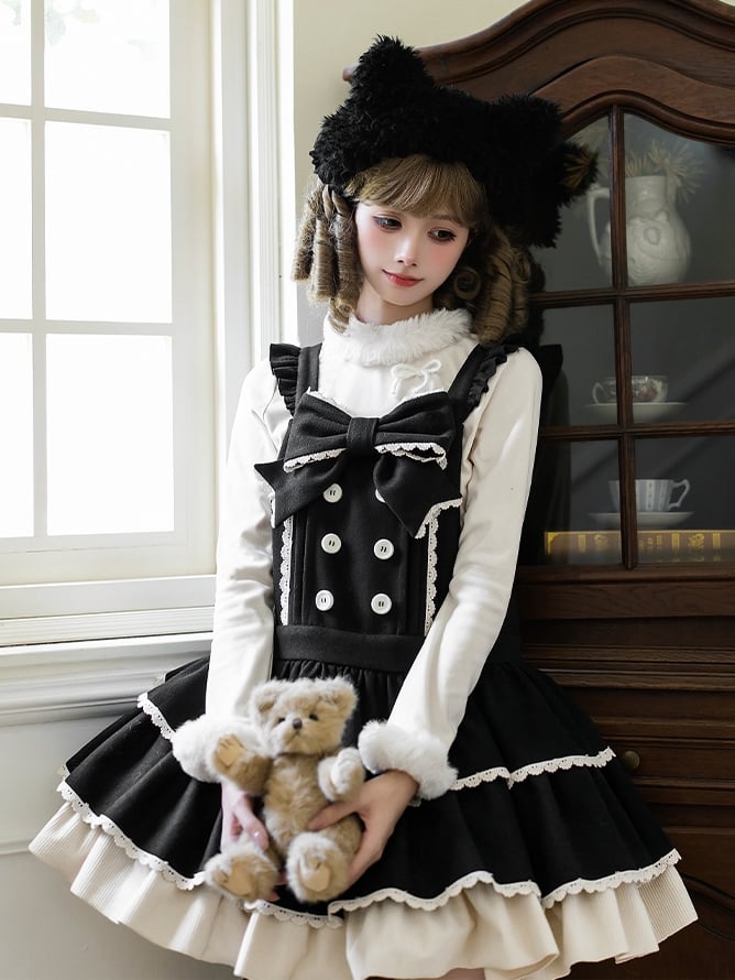 Sweet Winter Lolita Tiered Overall Dress in Black with Kitty Ear Hairband - With PUJI | CoyBunny