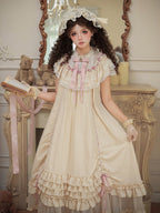 Beige Rosette Jacquard OP Dress with Ruffles - With PUJI | CoyBunny