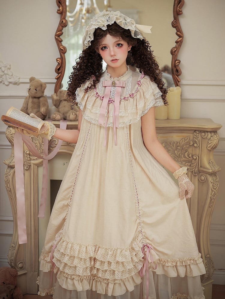 Beige Rosette Jacquard OP Dress with Ruffles - With PUJI | CoyBunny