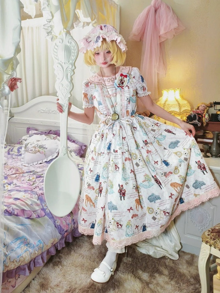 Rose Alice in Wonderland Print Round Neck Sweet Gown with Drawstring Waist - Forest Fairy Tales | CoyBunny