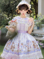 Cute Bear Print OP Dress with Purple Floral Embroidery, Doll Collar & Puff Sleeves - Stars Fall on the Foggy Island | CoyBunny