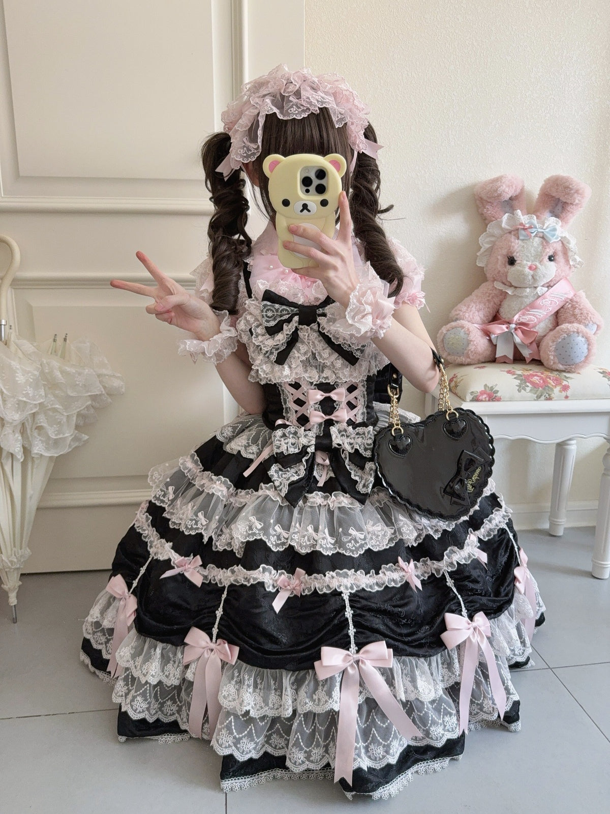 Black & Pink Doll JSK Lolita Dress with Back Bow & Headband