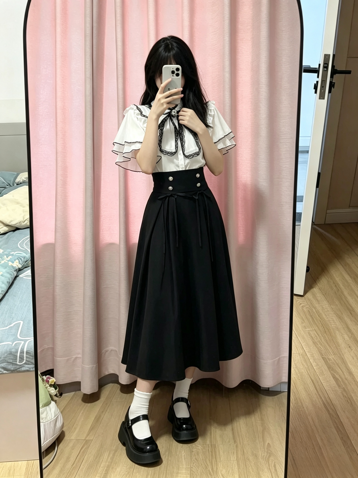 Cute White Jirai Kei School Girl Lolita Dress Long Sleeve Mini Skirt Set