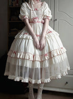 Cream Layered Ruffle High Waist Sweet Lolita Dress with Tulle Hem - Bodhi Original Design | CoyBunny