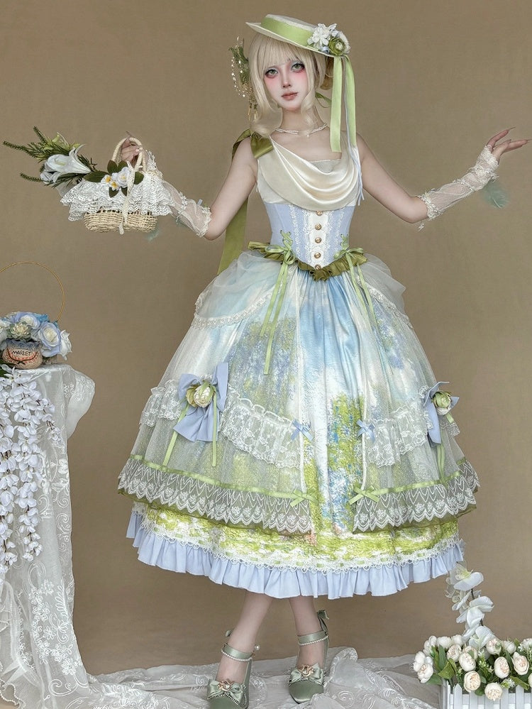 Art Print Skirt Classic Lolita Cowl Neck JSK Dress with Removable Overlay - Moonlight Dream | CoyBunny