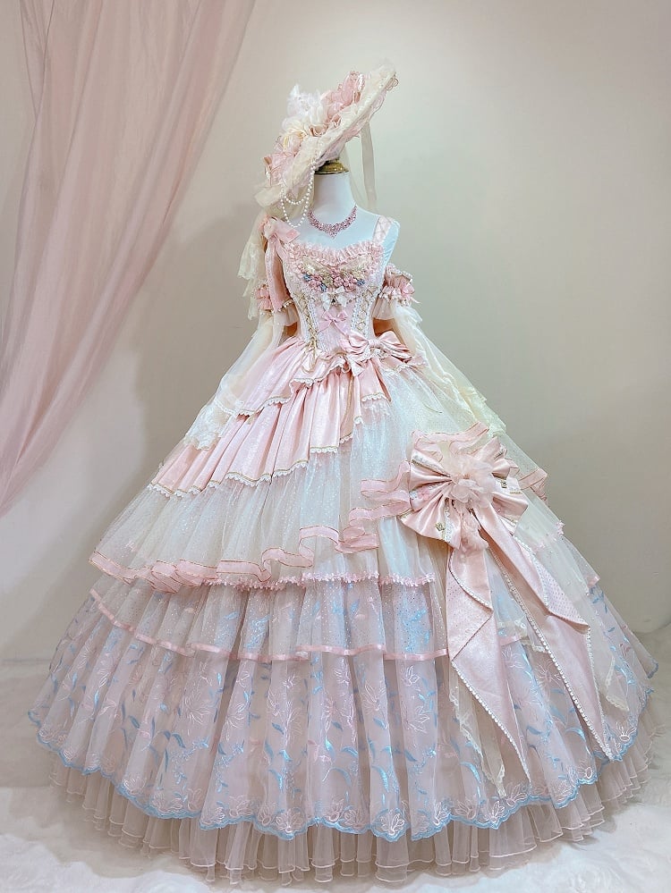 Hanayome Pink Corset Waist Hime Lolita Floor Length Dress Long Version with Floral Embroidery Layered Hem | Lukemi | CoyBunny
