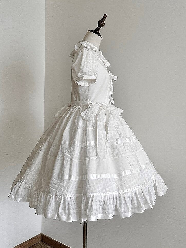 Ivory Checkered Puff Sleeve Lolita One-Piece Dress | CoyBunny